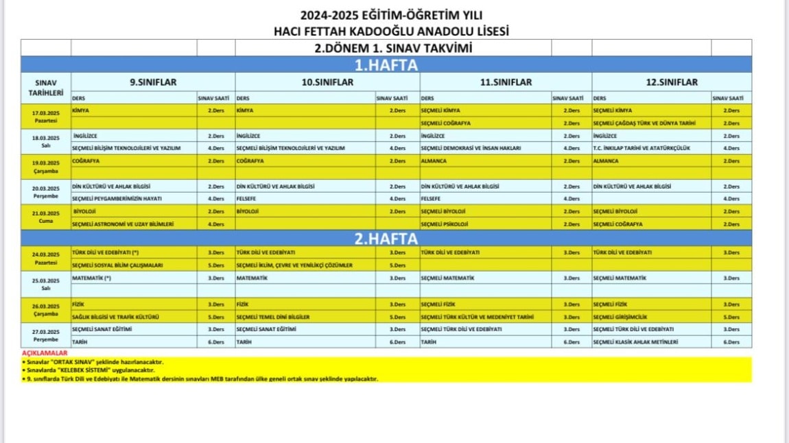 2024-2025 Eğitim-Öğretim Yılı II. Dönem I. Sınav Takvimi